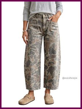 Camo Denim Harem Jeans Ankle Length Relaxed Fit Pants with Pockets